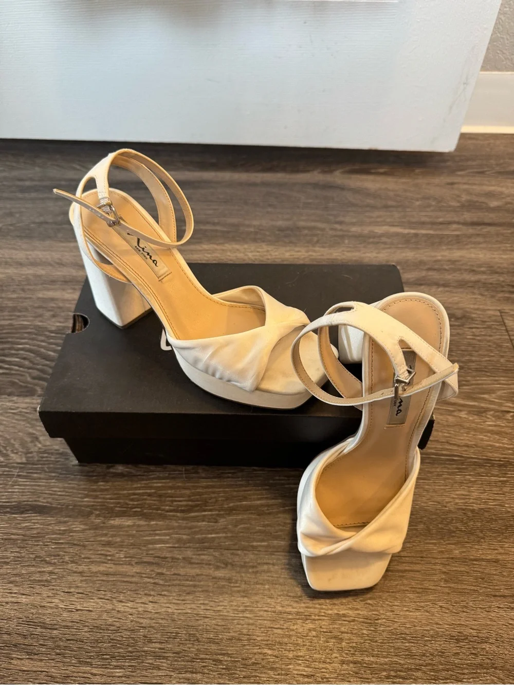Nina Ivory Satin Block-Heel Platform Sandals